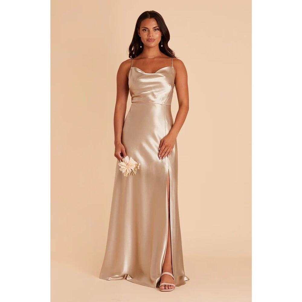 Birdie Grey Lisa Shiny Satin Draped Dress Gold Champagne L